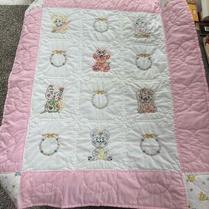 Pink and White Animal Embroidered Baby Quilt